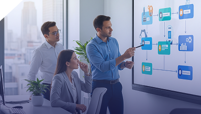 Professionals reviewing automated business process workflow diagram for integration with a client's ERP software in Pakistan.