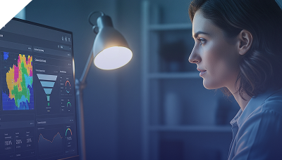 Web analyst reviewing conversion funnel heatmap on large monitor for optimized web design services in Pakistan.