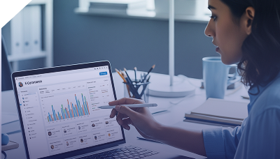 Designer analyzing e-commerce sales dashboard with colorful bar charts on tablet.