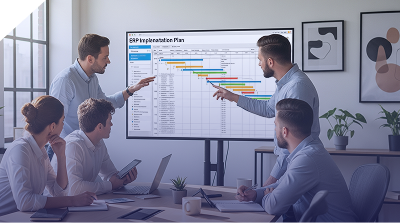 Team discussing ERP implementation timeline on Gantt chart for efficient deployment of ERP software in Pakistan.