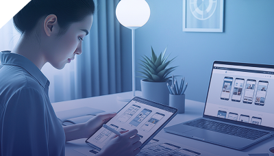 UI designer sketching mobile app wireframes on tablet next to laptop mockups for responsive web design services in Pakistan.