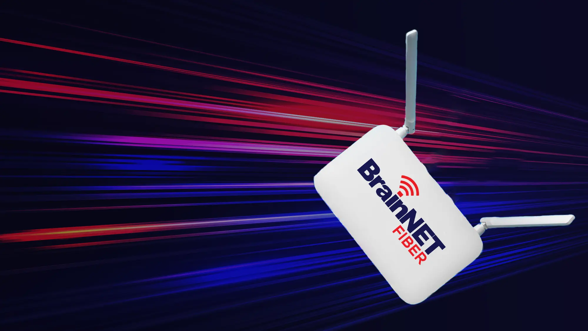 BrainNET Fiber router zooming through vibrant fiber optic streaks, showing speedy service as an internet provider in Lahore.