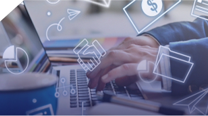 Hands typing on laptop overlaid with digital marketing symbols like handshake, dollar signs, charts, and paper planes.