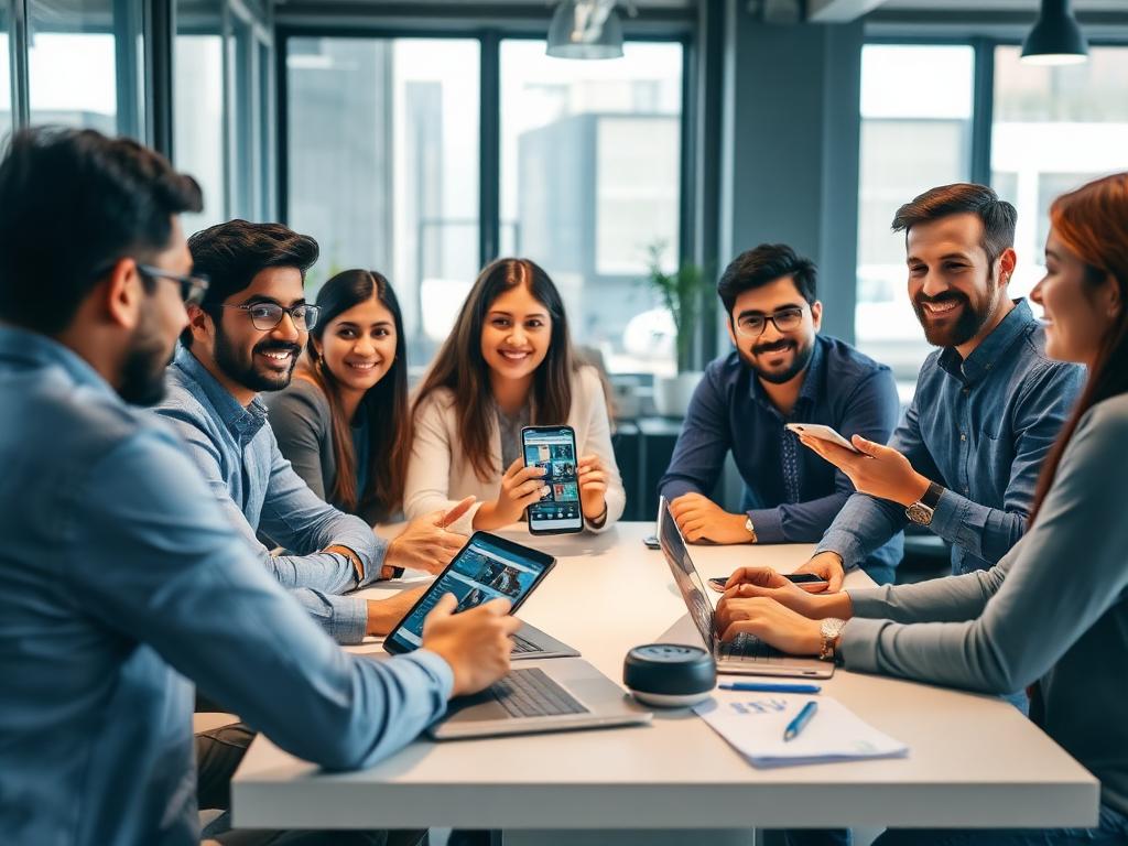 Group testing an app on multiple devices, mobile app developers Pakistan working together in a meeting.
