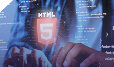 Developer interacting with glowing HTML5 logo and code editor, symbolizing modern web development offered through Software development services in Pakistan.
